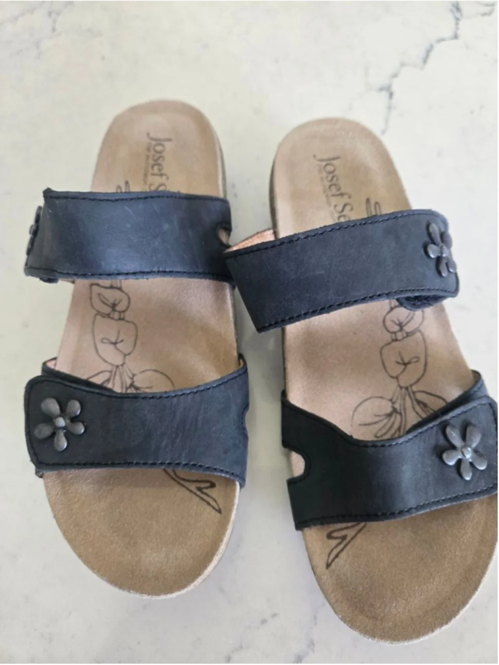 Josef Seibel Comfort Slide Sandals Black Leather Floral Accent EU 36 US 5.5-6